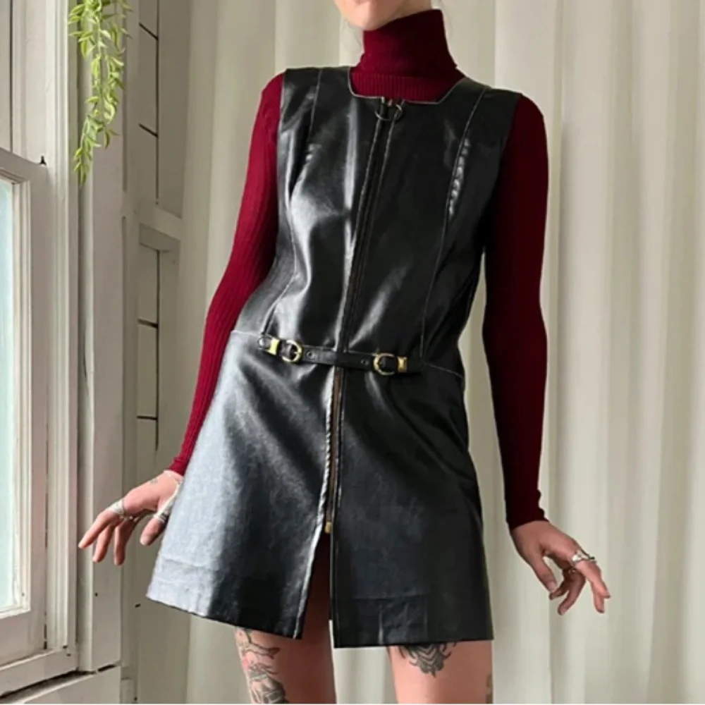 60s mod vintage leather look zip front mini shift dress small to medium - Picture 1 of 7